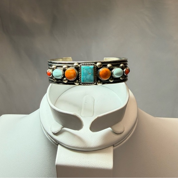 A. Jake Navajo Bracelet Turquoise & Coral Stone Sterling Silver Bracelet 7” NWOT - Picture 4 of 11